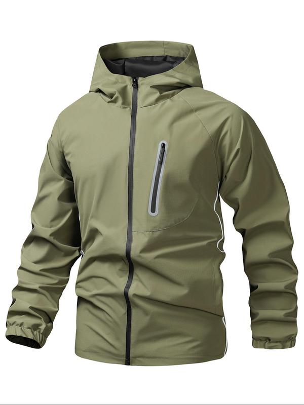 Men's Solid Color Pocket Zip Up Hooded Jacket, Regular Fit Casual Long Sleeve Waterproof Windproof Jacket for Outdoor Activities, Winter Jackets, Fashion Men's Outerwear for All Seasons