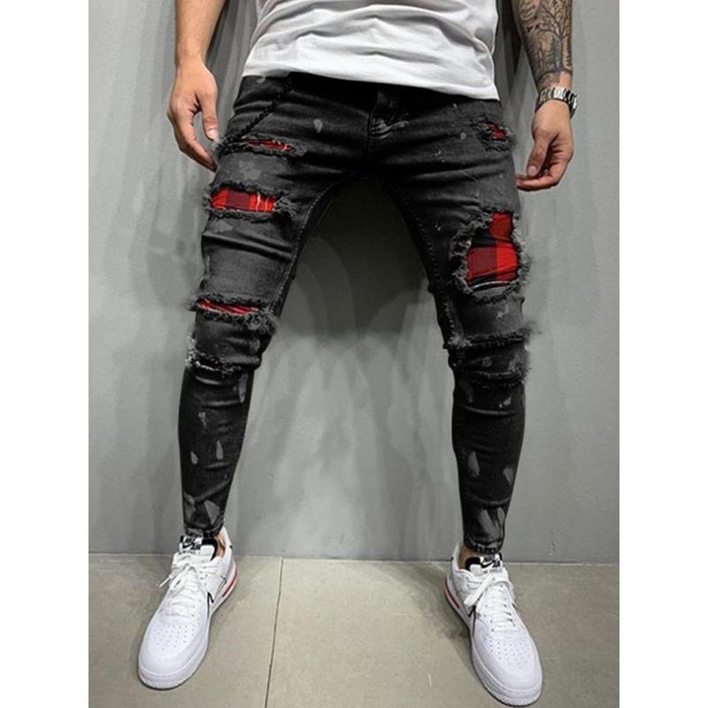 Distress Plaid Patch Holes Streetwear Ripped Skinny Jeans Men Biker Slim Elastic Denim Cargo Pants Y2K Pantalones Hombre Joggers