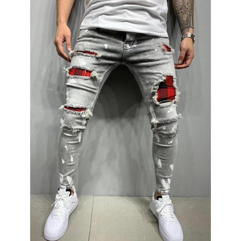 Distress Plaid Patch Holes Streetwear Ripped Skinny Jeans Men Biker Slim Elastic Denim Cargo Pants Y2K Pantalones Hombre Joggers