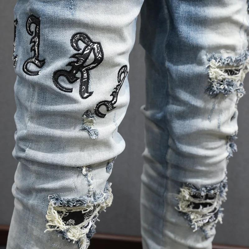 Designer fashion new men's jeans retro blue ripped patch elastic slim fit jeans high street hip-hop brand pants man