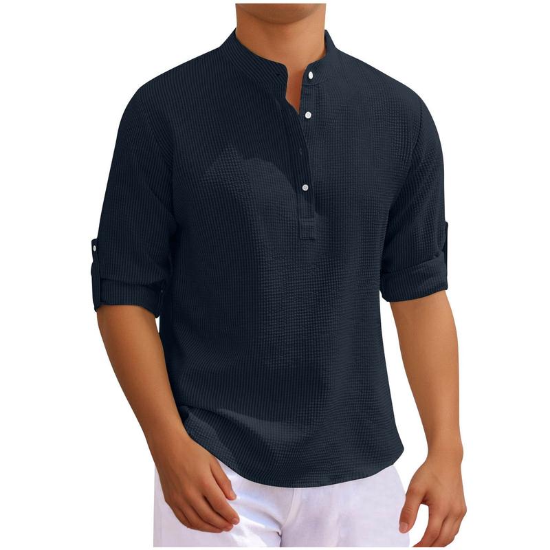 New Four Seasons Men's Shirt Long Sleeve Stand Collar Open Button Shirt Men's Casual Shirt Top Fashion