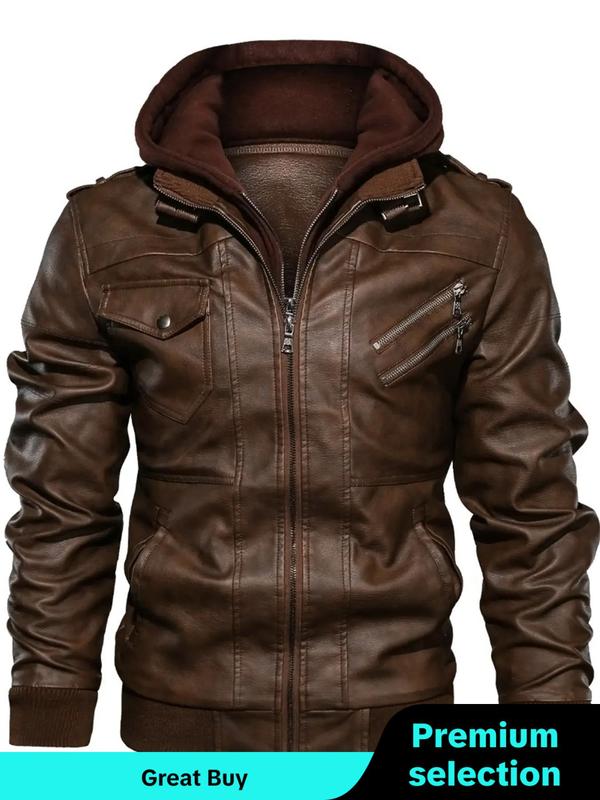 Men' Zip Up PU Leather Jacket, Street Hooded Jacket Long Sleeve Jacket for Daily Outdoor Life, Men Clothing for Spring Fall, Streetwear, Spring 2024 Menswear, Zipper Tops, Fall Outfits, Fallfreshness