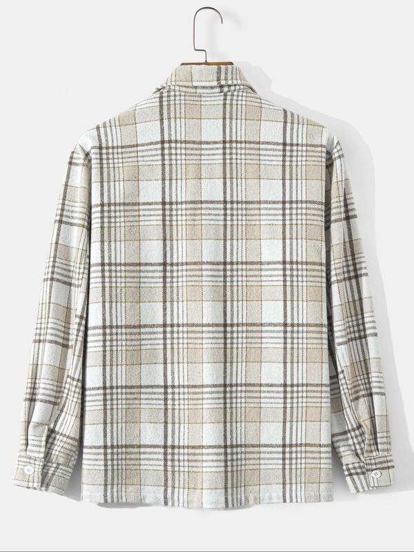 Men's Plaid Print Button Front Shirt Coat, Loose Casual Long Sleeve Collared Outerwear for Fall & Winter, Men's Clothes for Daily Wear