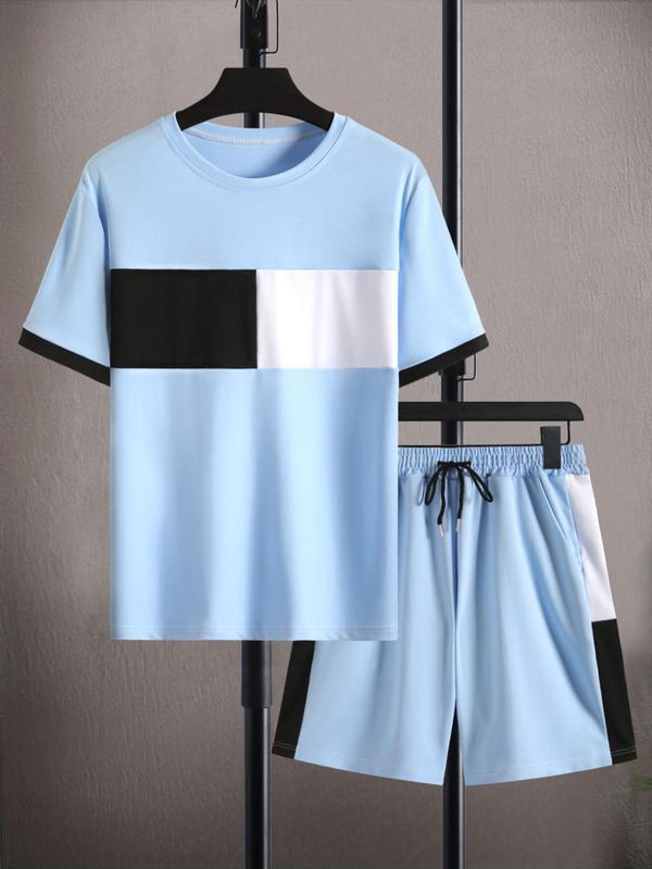 Two-Piece Set Men's Colorblock Tee & Drawstring Waist Shorts Set, Regular Fit Casual Streetwear Short Sleeve T-shirt & Pocket Shorts, Summer Outfits 2024