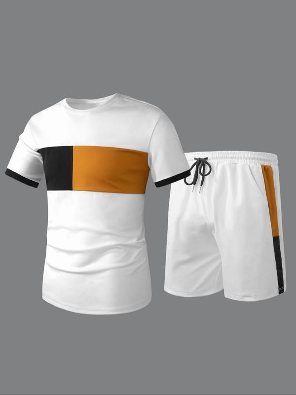 Two-Piece Set Men's Colorblock Tee & Drawstring Waist Shorts Set, Regular Fit Casual Streetwear Short Sleeve T-shirt & Pocket Shorts, Summer Outfits 2024