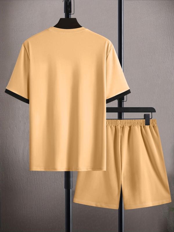 Two-Piece Set Men's Colorblock Tee & Drawstring Waist Shorts Set, Regular Fit Casual Streetwear Short Sleeve T-shirt & Pocket Shorts, Summer Outfits 2024