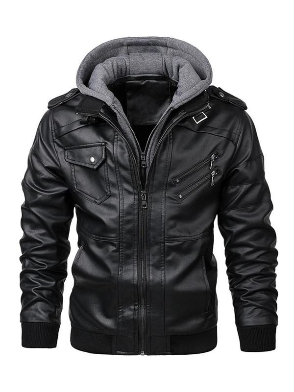 Men' Zip Up PU Leather Jacket, Street Hooded Jacket Long Sleeve Jacket for Daily Outdoor Life, Men Clothing for Spring Fall, Streetwear, Spring 2024 Menswear, Zipper Tops, Fall Outfits, Fallfreshness