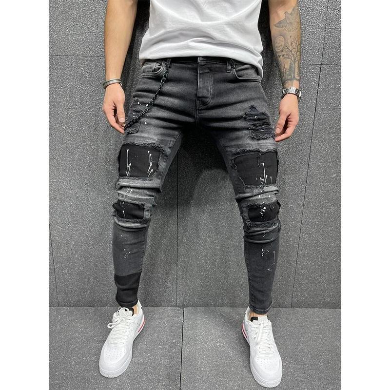 Distress Plaid Patch Holes Streetwear Ripped Skinny Jeans Men Biker Slim Elastic Denim Cargo Pants Y2K Pantalones Hombre Joggers