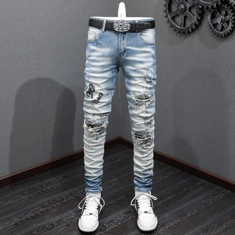 Designer fashion new men's jeans retro blue ripped patch elastic slim fit jeans high street hip-hop brand pants man