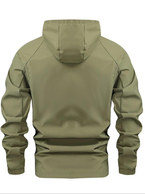 Men's Solid Color Pocket Zip Up Hooded Jacket, Regular Fit Casual Long Sleeve Waterproof Windproof Jacket for Outdoor Activities, Winter Jackets, Fashion Men's Outerwear for All Seasons