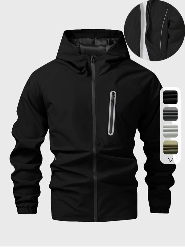 Men's Solid Color Pocket Zip Up Hooded Jacket, Regular Fit Casual Long Sleeve Waterproof Windproof Jacket for Outdoor Activities, Winter Jackets, Fashion Men's Outerwear for All Seasons