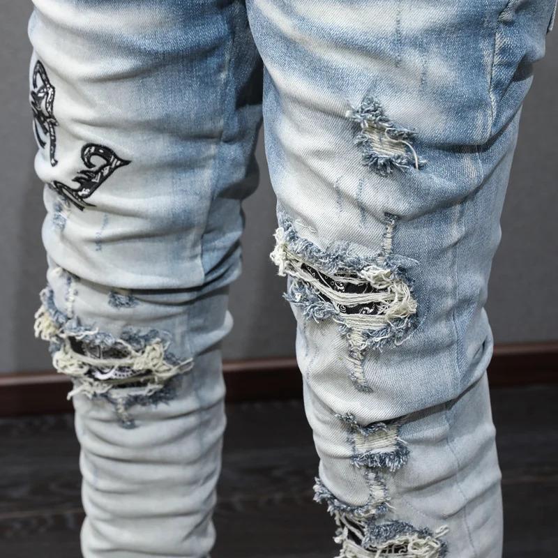 Designer fashion new men's jeans retro blue ripped patch elastic slim fit jeans high street hip-hop brand pants man