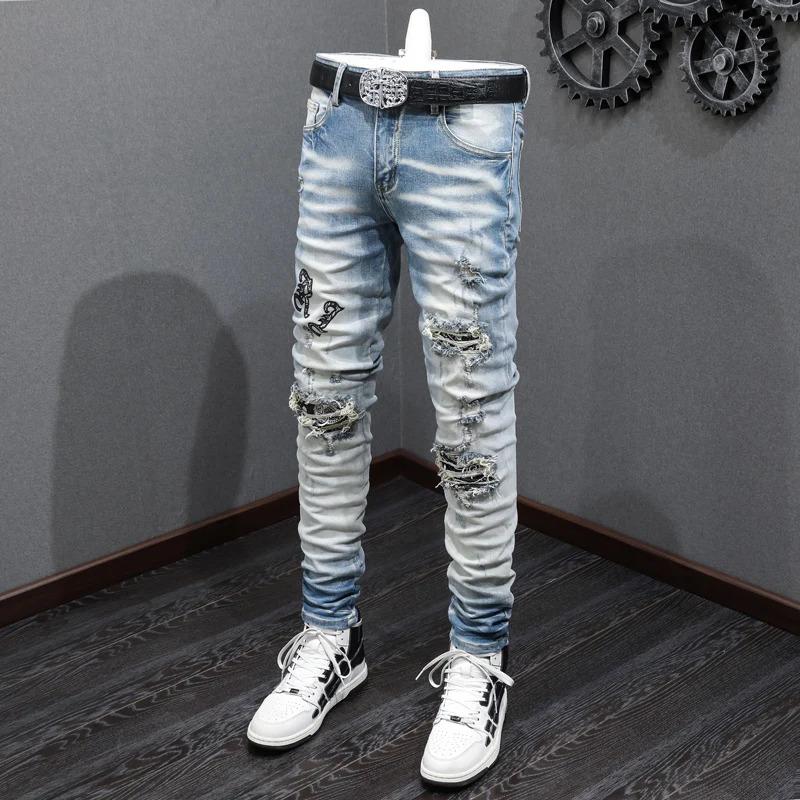 Designer fashion new men's jeans retro blue ripped patch elastic slim fit jeans high street hip-hop brand pants man