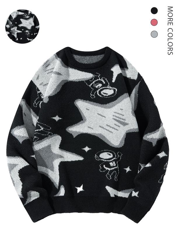 Men's Cartoon Astronaut & Star Print Round Neck Sweater, Regular Fit Casual Long Sleeve Crew Neck Jumper for Fall & Winter, Fashion Men's Knitwear for Daily Wear