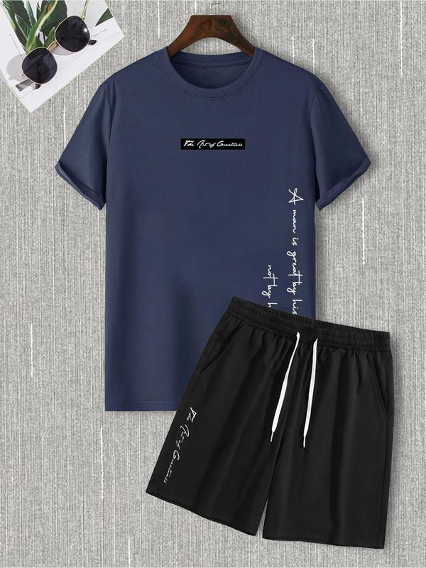 Two-Piece Set Men's Letter Print Pocket Co-ord Set, Casual Short Sleeve Tee & Drawstring Shorts Set, Father's Day Gift, Men Two-piece Outfits, Summer Outfits 2024