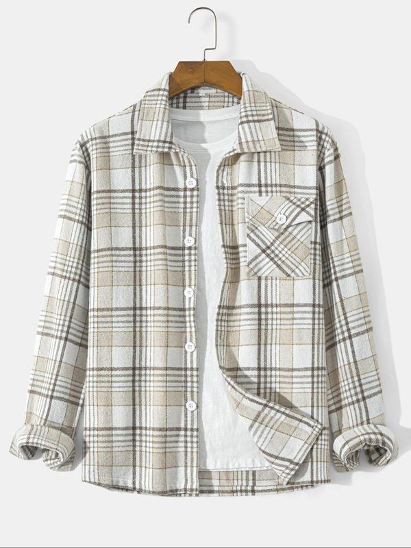 Men's Plaid Print Button Front Shirt Coat, Loose Casual Long Sleeve Collared Outerwear for Fall & Winter, Men's Clothes for Daily Wear