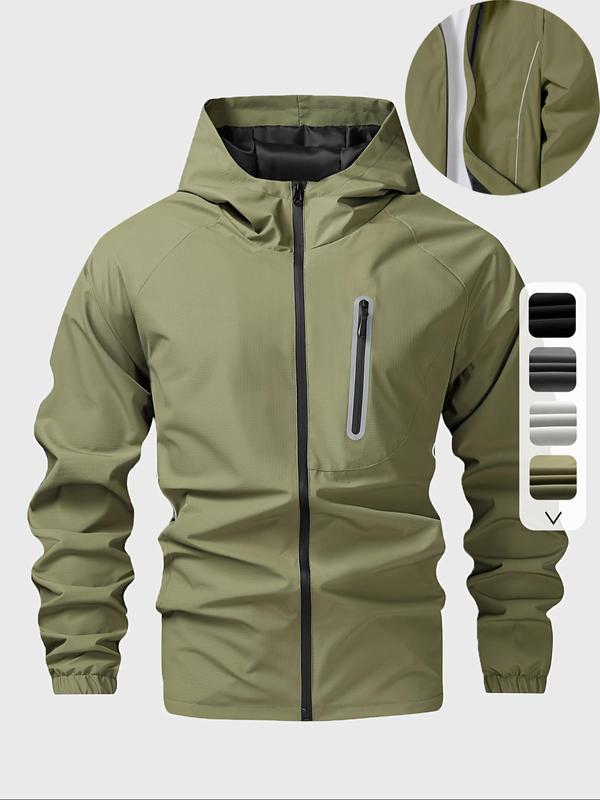 Men's Solid Color Pocket Zip Up Hooded Jacket, Regular Fit Casual Long Sleeve Waterproof Windproof Jacket for Outdoor Activities, Winter Jackets, Fashion Men's Outerwear for All Seasons