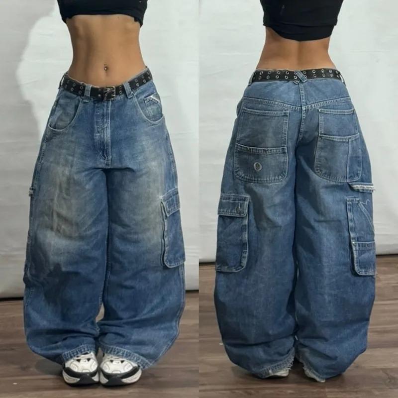 Street Vintage Jeans New Y2K Harajuku Wash Blue Multiple Pockets Baggy Jeans Denim Pants Mens Womens High Waist Wide Trousers