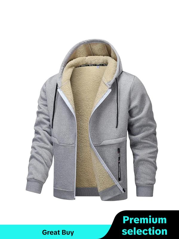 Men's Solid Thermal Lined Pocket Drawstring Zip Up Hooded Winter Coat, Regular Fit Casual Long Sleeve Outerwear for Fall & Winter, Men's Clothes for Daily Wear