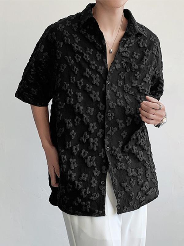 Men's Plain Floral Pattern Button Front Pocket Shirt, Casual Streetwear Regular Fit Drop Shoulder Half Sleeve Collar Shirt for Summer, Fashion Men's Clothes for Daily Wear Top