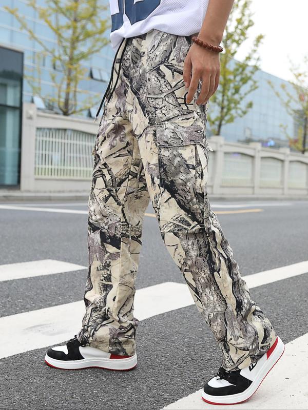 Men's All Over Print Drawstring Waist Cargo Pants, Regular Fit Casual Pocket Trousers for Daily Wear, Fashion Men's Bottoms for All Seasons