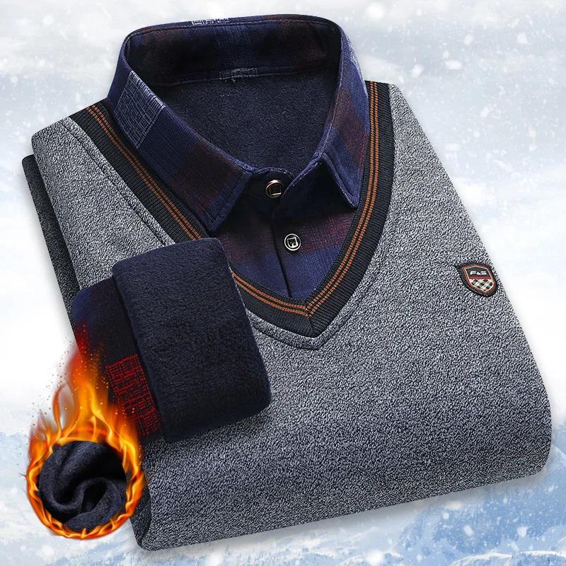 Men's Plush Sweater Autumn Winter Fake Two Piece Pullover Polo Shirt Collar Fleece Thick Warm Top Clothes Casual Jumpers