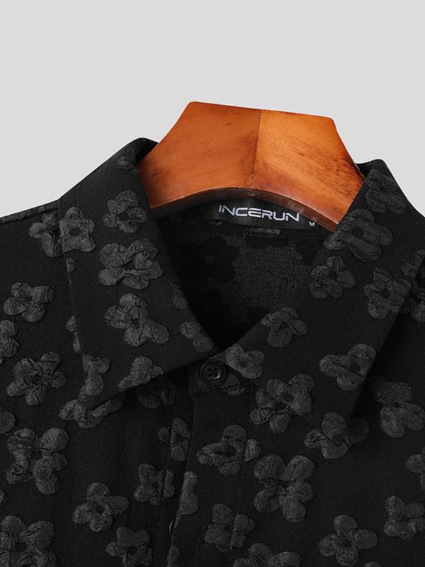 Men's Plain Floral Pattern Button Front Pocket Shirt, Casual Streetwear Regular Fit Drop Shoulder Half Sleeve Collar Shirt for Summer, Fashion Men's Clothes for Daily Wear Top