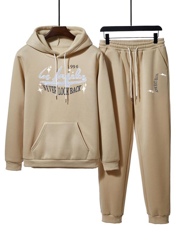 Men's Regular Fit Letter Print Drawstring Hoodie & Pocket Sweatpants Two-piece Set, Casual Long Sleeve Pocket Hooded Sweatshirt & Drawstring Waist Jogger Pants for Fall & Winter, Men's Two-piece Outfits for Daily Wear