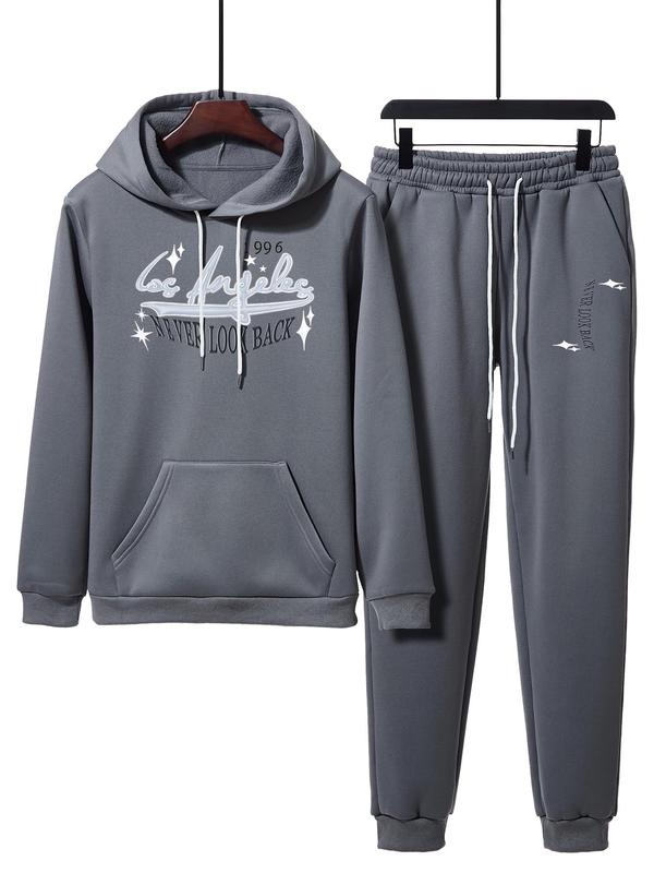 Men's Regular Fit Letter Print Drawstring Hoodie & Pocket Sweatpants Two-piece Set, Casual Long Sleeve Pocket Hooded Sweatshirt & Drawstring Waist Jogger Pants for Fall & Winter, Men's Two-piece Outfits for Daily Wear