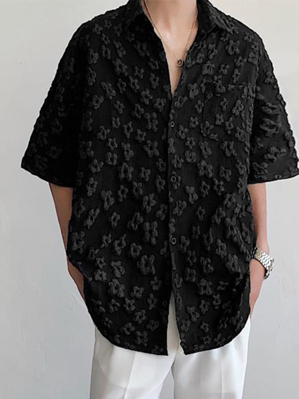 Men's Plain Floral Pattern Button Front Pocket Shirt, Casual Streetwear Regular Fit Drop Shoulder Half Sleeve Collar Shirt for Summer, Fashion Men's Clothes for Daily Wear Top