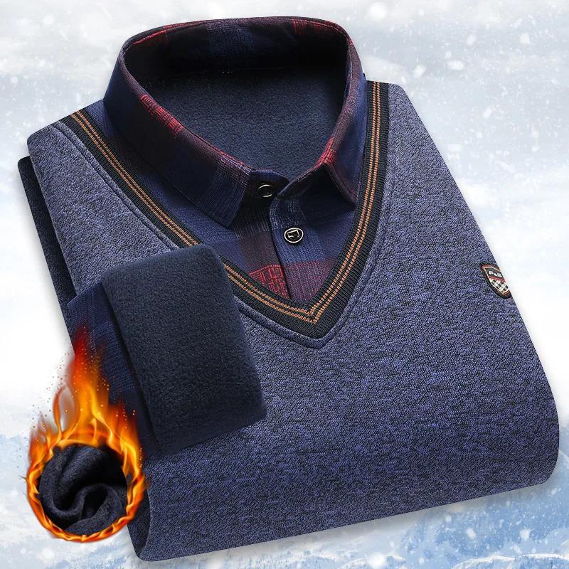 Men's Plush Sweater Autumn Winter Fake Two Piece Pullover Polo Shirt Collar Fleece Thick Warm Top Clothes Casual Jumpers