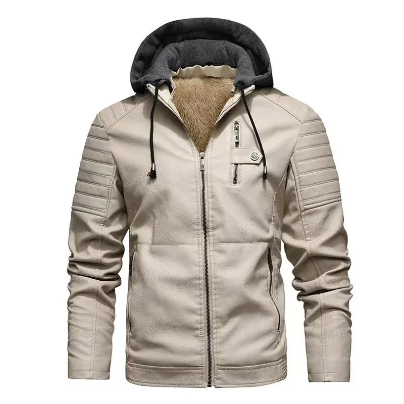 Fashion Men's Hooded Jacket Autumn Winter Faux Leather Jacket Men Military Style Outwear Motocycle New Brand Zipper Pockets Coat