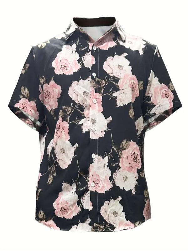 Two-Piece Set Men's Floral Print Button Front Shirt & Drawstring Waist Shorts Two-piece Set, Regular Fit Casual Short Sleeve Collared Top & Elastic Waist Pocket Shorts, Men's Summer Outfits