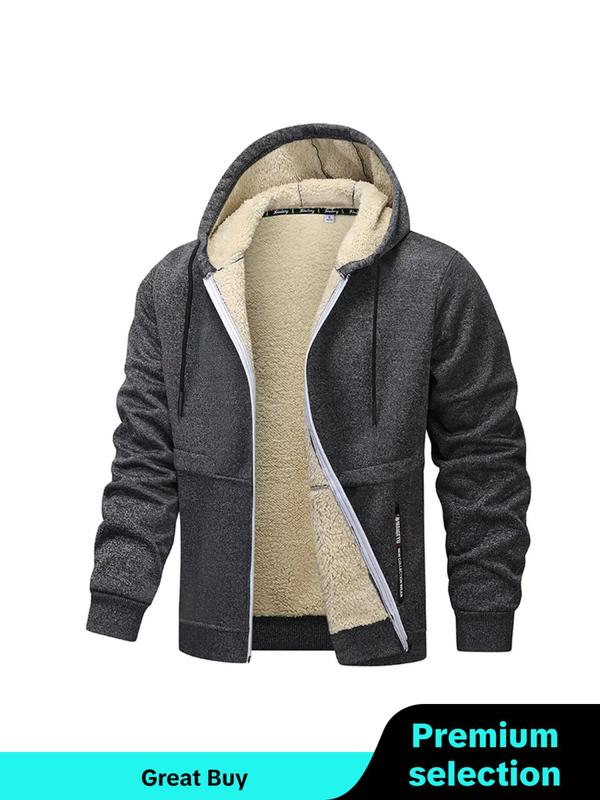 Men's Solid Thermal Lined Pocket Drawstring Zip Up Hooded Winter Coat, Regular Fit Casual Long Sleeve Outerwear for Fall & Winter, Men's Clothes for Daily Wear