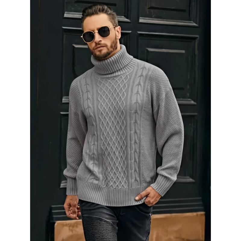 Men's Plus Size Knit Pullover Sweater - Chunky Cable Knit Design Relaxed Fit Cozy & Warm High-Neck Style For Big & Tall Sizes Winter Essential