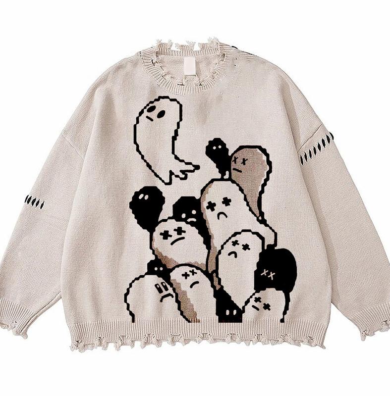 Ghosts distressed sweater, high quality knitted soft sweater, goth kawaii style Knitwear Menswear Y2K Fashion Oversized Retro Comfy Big Tops Long Sleeve Crewneck Pullover Underwear Yarn Underwear Yarn fall sweater