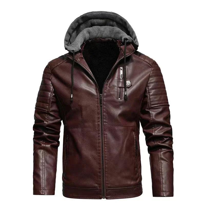 Fashion Men's Hooded Jacket Autumn Winter Faux Leather Jacket Men Military Style Outwear Motocycle New Brand Zipper Pockets Coat