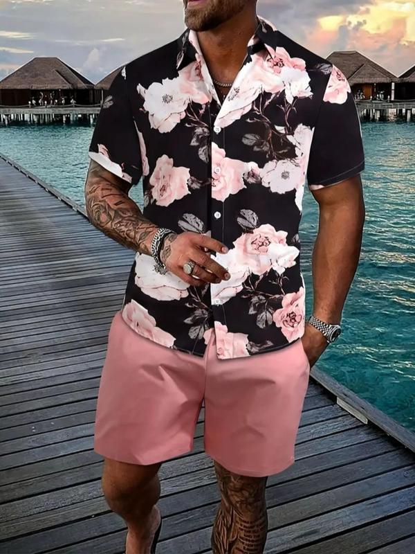 Two-Piece Set Men's Floral Print Button Front Shirt & Drawstring Waist Shorts Two-piece Set, Regular Fit Casual Short Sleeve Collared Top & Elastic Waist Pocket Shorts, Men's Summer Outfits