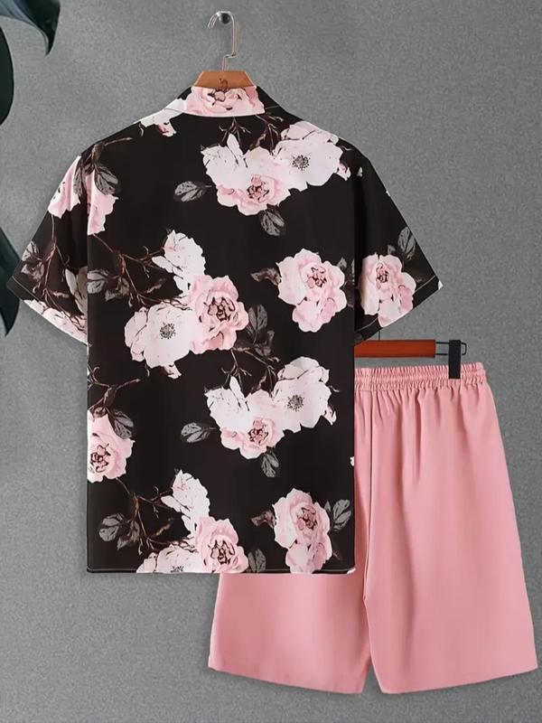 Two-Piece Set Men's Floral Print Button Front Shirt & Drawstring Waist Shorts Two-piece Set, Regular Fit Casual Short Sleeve Collared Top & Elastic Waist Pocket Shorts, Men's Summer Outfits