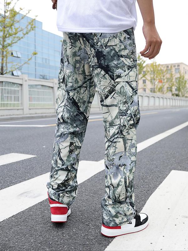 Men's All Over Print Drawstring Waist Cargo Pants, Regular Fit Casual Pocket Trousers for Daily Wear, Fashion Men's Bottoms for All Seasons