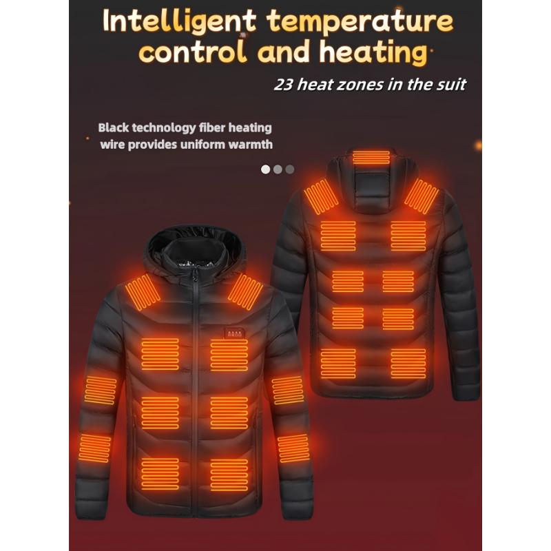 Heated Jacket with 23 Heating Zones, Unisex Polyester Fleece Lined Thermal Suit, Sports Style Hooded Winter Coat, Non-Stretch Solid Color Fabric, Long Sleeve, Regular Fit, with Zipper Closure, for Outdoor Activities, Casual & Running, Fall 