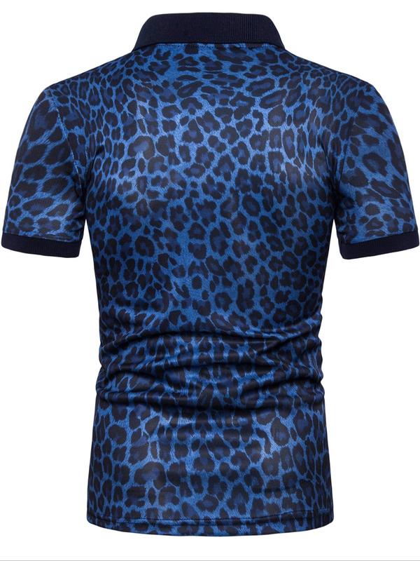 Men's Leopard Print Contrast Binding Polo Shirt, Regular Fit Casual Short Sleeve Button Front Top for Summer, Fashion Men's Clothes for Daily Wear