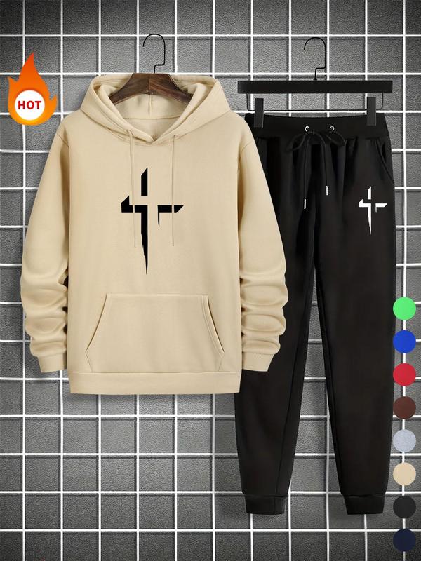 Men's Cross Print Pocket Hoodie & Drawstring Waist Sweatpants Two-piece Set, Regular Fit Casual Long Sleeve Hooded Sweatshirt & Jogger Pants for Fall & Winter, Men's Two-piece Outfits for Daily Wear