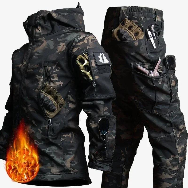 Tactical Winter Set Men's Outdoor Windproof Waterproof Suit Multi-Pocket Soft Shell Hooded Jackets Hunting Work Pants Suit