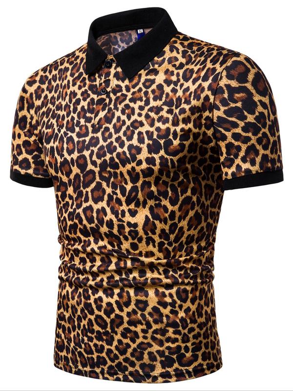 Men's Leopard Print Contrast Binding Polo Shirt, Regular Fit Casual Short Sleeve Button Front Top for Summer, Fashion Men's Clothes for Daily Wear