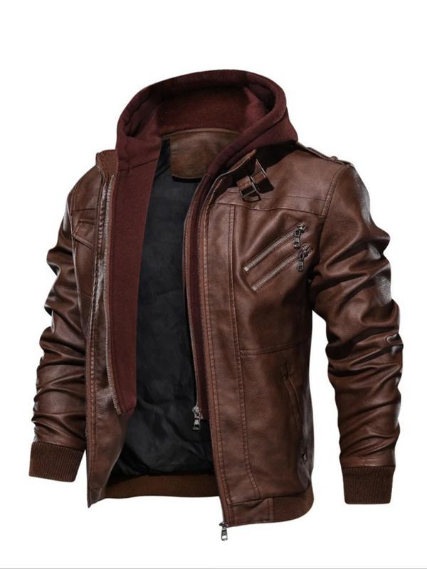 Men's Plain Flap Pocket Hooded Motorcycle Jacket, Streetwear, Stylish Zipper Longsleeves Bomber Coat for Fall Winter, Men's Outfits for Daily Wear, Menswear, Men's Clothing, Winter Outfits 2024 Winter Jacket