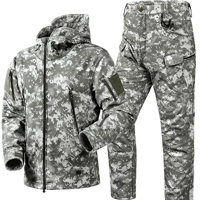 Tactical Winter Set Men's Outdoor Windproof Waterproof Suit Multi-Pocket Soft Shell Hooded Jackets Hunting Work Pants Suit