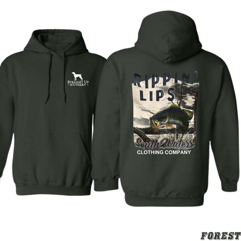 Rippin' Lips Fishing Hoodie - Bold Bass Fishing Design for Southern Waters Enthusiasts - Southern down outfitters, Sweatshirts