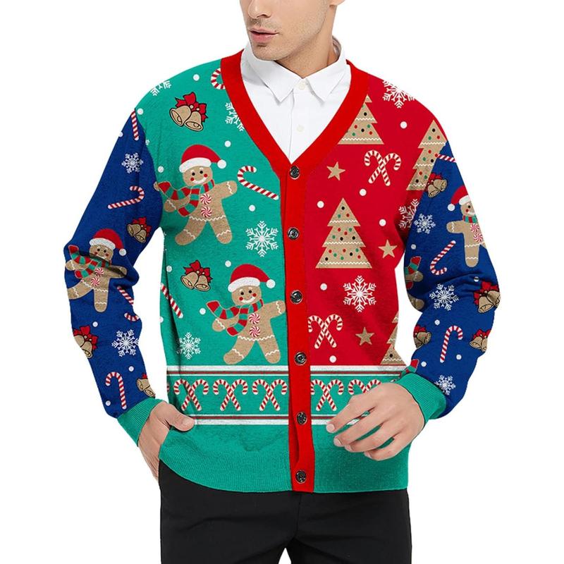 Men's 2024 Ugly Christmas Cardigan Cozy Pullover Sweater V Neck Buttons Soft Knitwear