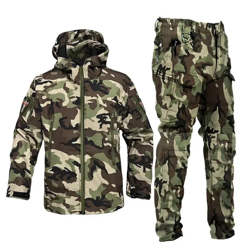 Tactical Winter Set Men's Outdoor Windproof Waterproof Suit Multi-Pocket Soft Shell Hooded Jackets Hunting Work Pants Suit